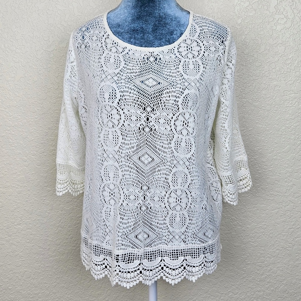 Dantelle Ivory Crocheted Stretch Cotton Lace Scoop Neck 3/4 Sleeve Top - Size PL